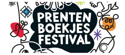 Grafische poster met in het midden de tekst “PRENTEN BOEKJES FESTIVAL” in witte hoofdletters op een donkerblauwe, wolkvormige achtergrond. Daaromheen staan speelse, kleurrijke lijntekeningen van onder andere een vlinder, een kat en abstracte figuren op een lichte achtergrond.