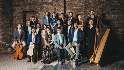 Grote muzikale groep tegen een bakstenen wand met strijkers, houtblazers en harpist