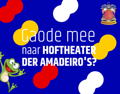 Kleurvolle afbeelding met tekst: "Gaode mee naar Hoftheater der Amadeiro's?" met een kikker en speelse achtergrond.
