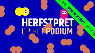 Kleurrijke afbeelding met de tekst 'Herfstpret op het Podium' omringd door gestileerde pinda's en een oproep om tickets te boeken.