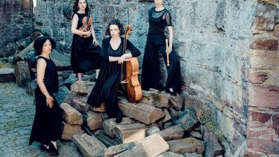Muzikaal kwartet gefotografeerd in een oude ruine