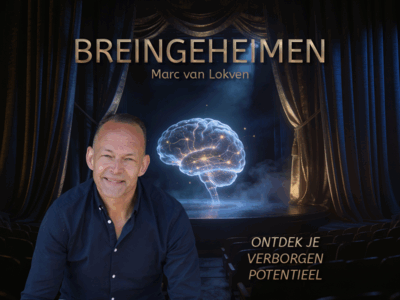 Promotieafbeelding met de titel “Breingeheimen” van Marc van Lokven. Op de voorgrond zit een glimlachende man in een donkerblauw overhemd. Achter hem is een theaterpodium met geopende gordijnen en in het midden een verlicht, holografisch brein dat boven de vloer lijkt te zweven. Onderaan staat de tekst: “Ontdek je verborgen potentieel.”